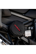 TowRantula tow recovery rope for motorcycles adventure enduro. Packed in ripstop bag attached to motorcycle frame easy reach