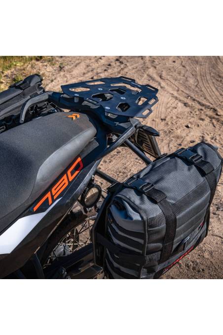 20L and 30L HippoHip Hybrid Plate Mounted Saddlebags Soft Panniers fitted together on the KTM 790 motorcycle.