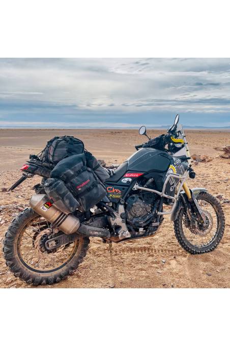 TurkanaGear madmule rackless motorcycle adventure enduro panniers angle Yamaha T7 waterproof panniers