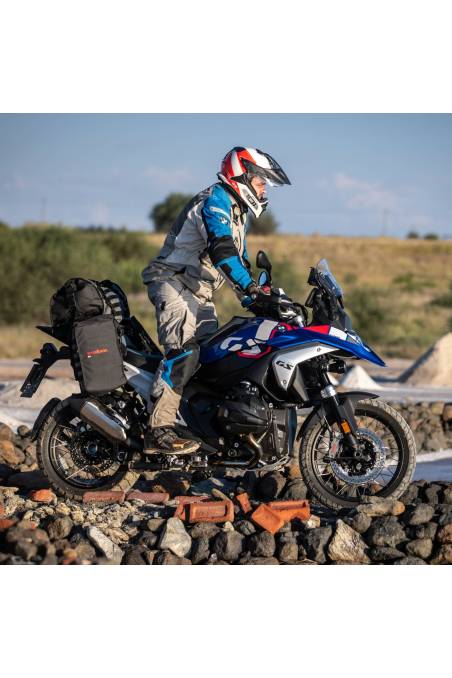 TurkanaGear madmule rackless motorcycle adventure enduro panniers angle BMW1300GS waterproof panniers