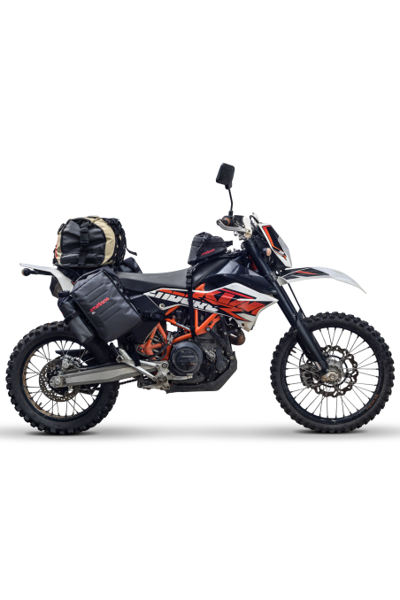 TurkanaGear madmule rackless motorcycle adventure enduro panniers angle KTM 690EXC waterproof panniers