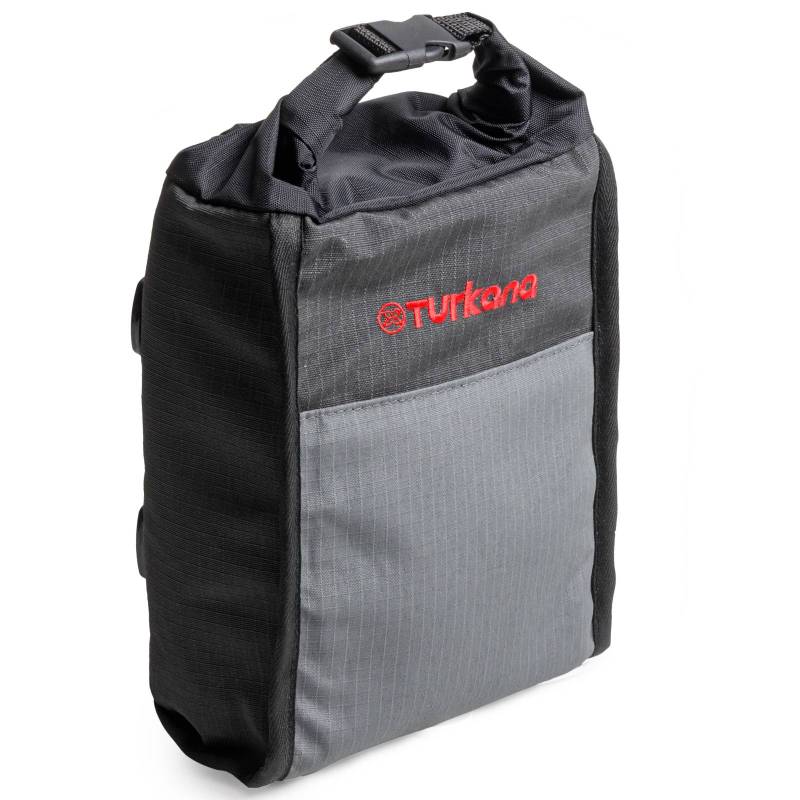 Turkana gear Bushbaby 3L roll top pouch with MOLLE straps to be used on motorcycle soft luggage systems.