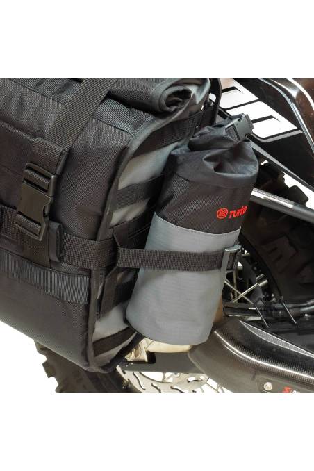 Oxpecker Turkana bottle holder MOLLE PALS pouches used on different motorbike soft luggage bags. Easy access pouches.