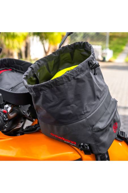 Bullfrog 8L tank bag Turkana motorcycle no zipps top lid draw string closure.
